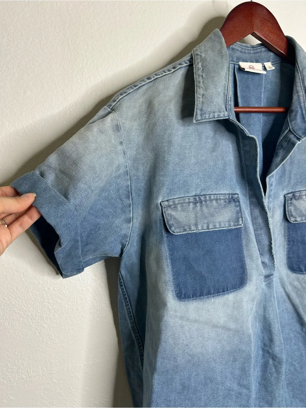 AG 100% Cotton Two Tone Denim Distressed Oversized Boxy Fit Popover Top - Picture 4 of 12